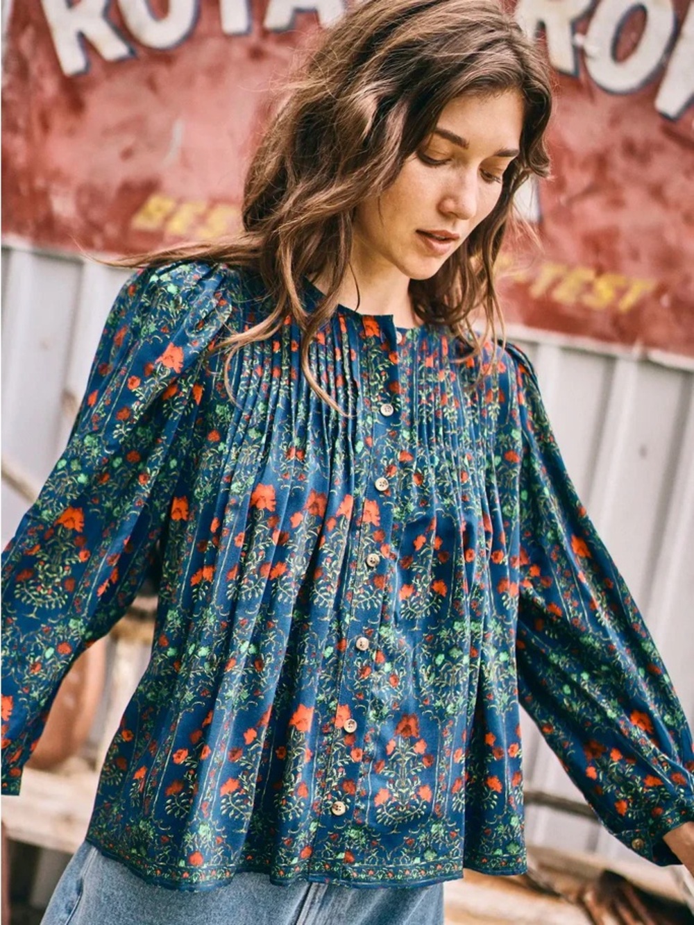 HUNTER BELL Daphne top Bohemian Navy Floral Pintuck Button-Front Blouse